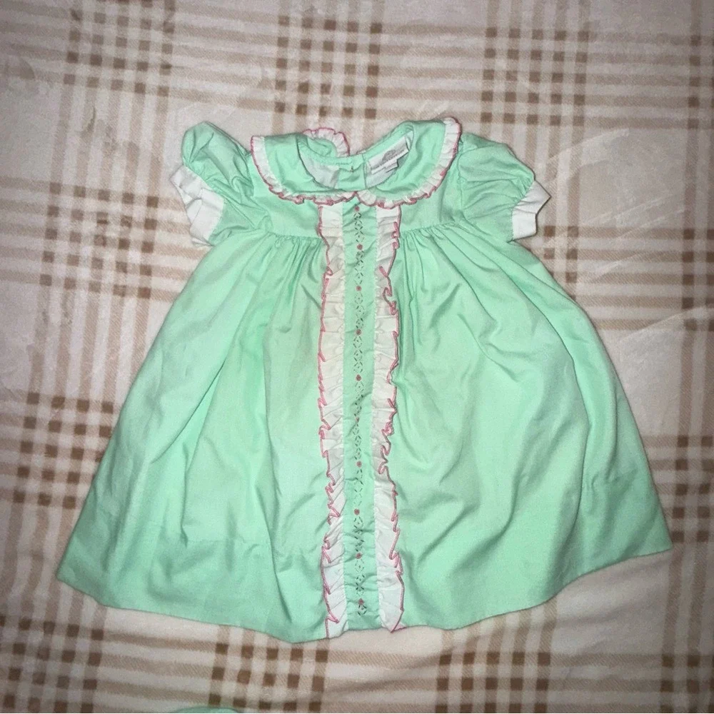 The Proper Peony Mint Green Floral Embroidered Dress and Bloomers Set 18M